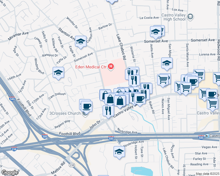map of restaurants, bars, coffee shops, grocery stores, and more near 2532 Denning Court in Castro Valley