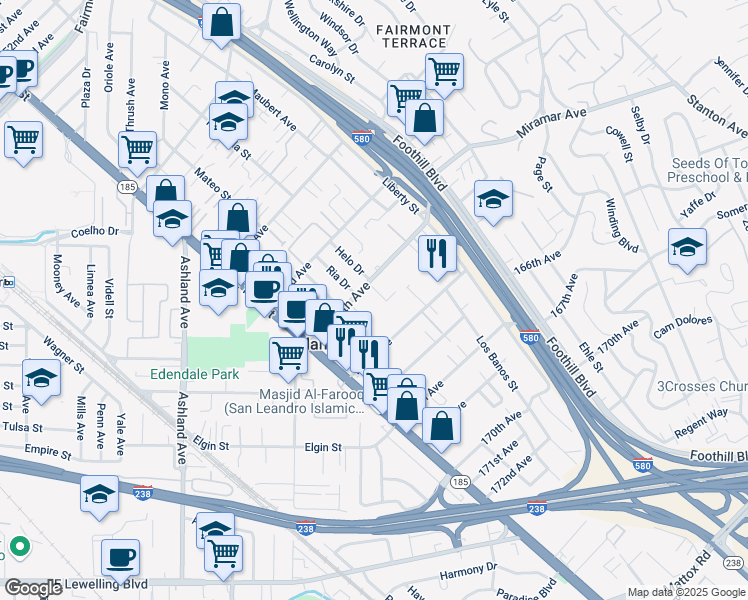 map of restaurants, bars, coffee shops, grocery stores, and more near 1520 164th Avenue in San Leandro