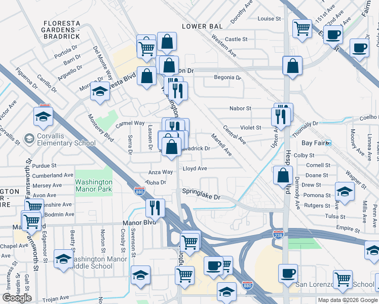 map of restaurants, bars, coffee shops, grocery stores, and more near 14825 Harold Avenue in San Leandro