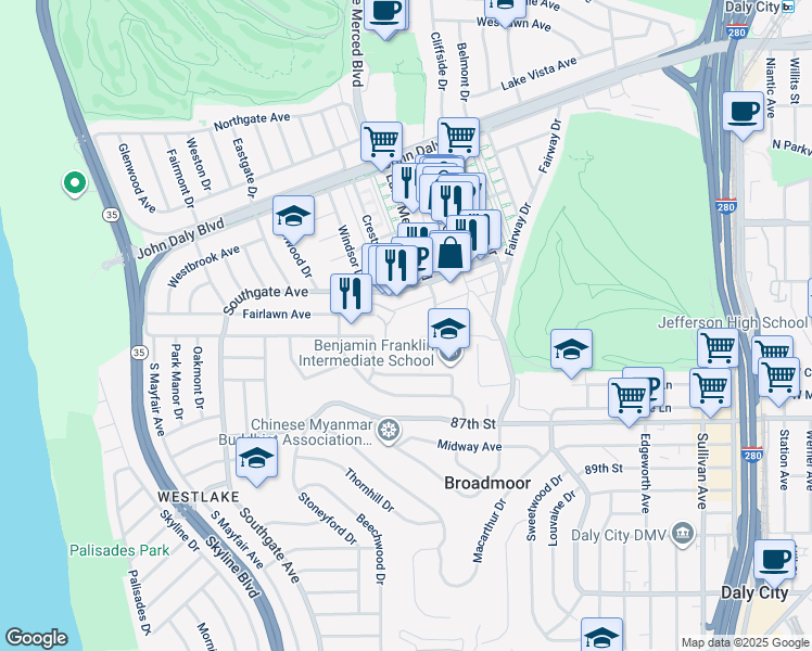 map of restaurants, bars, coffee shops, grocery stores, and more near 200 Coronado Avenue in Daly City