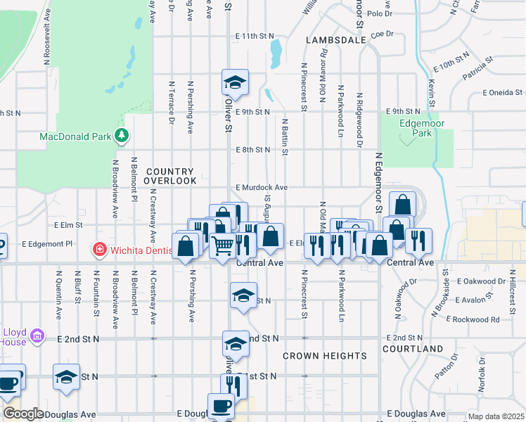 map of restaurants, bars, coffee shops, grocery stores, and more near 654 Harding Street in Wichita