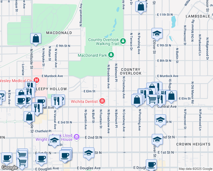 map of restaurants, bars, coffee shops, grocery stores, and more near 630 North Fountain Street in Wichita
