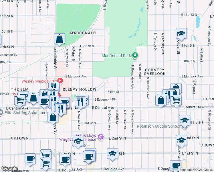 map of restaurants, bars, coffee shops, grocery stores, and more near 624 North Roosevelt Street in Wichita