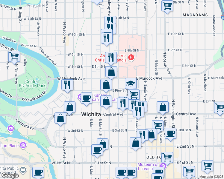 map of restaurants, bars, coffee shops, grocery stores, and more near 318 East Pine Street in Wichita