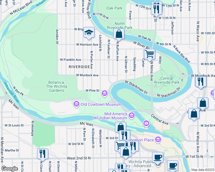map of restaurants, bars, coffee shops, grocery stores, and more near 714 Litchfield North in Wichita