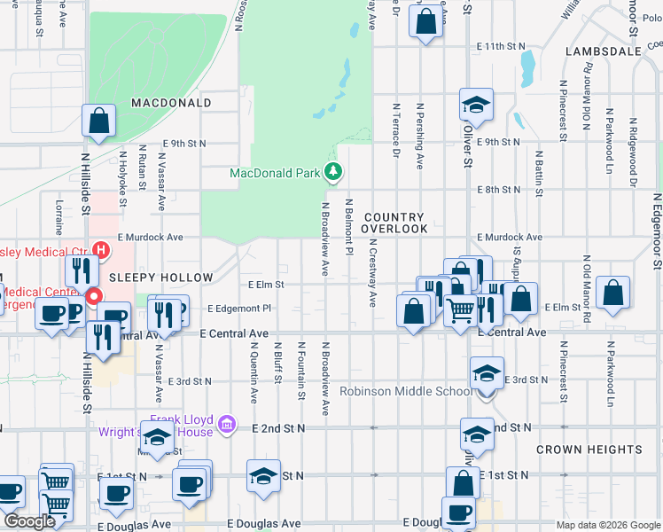 map of restaurants, bars, coffee shops, grocery stores, and more near 628 North Broadview Avenue in Wichita