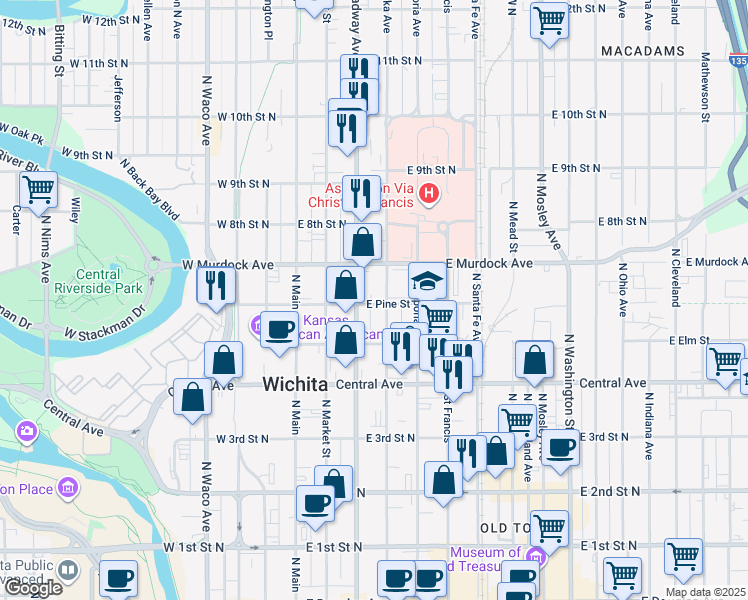map of restaurants, bars, coffee shops, grocery stores, and more near 318 East Pine Street in Wichita