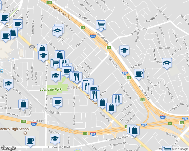 map of restaurants, bars, coffee shops, grocery stores, and more near 1520 164th Avenue in San Leandro