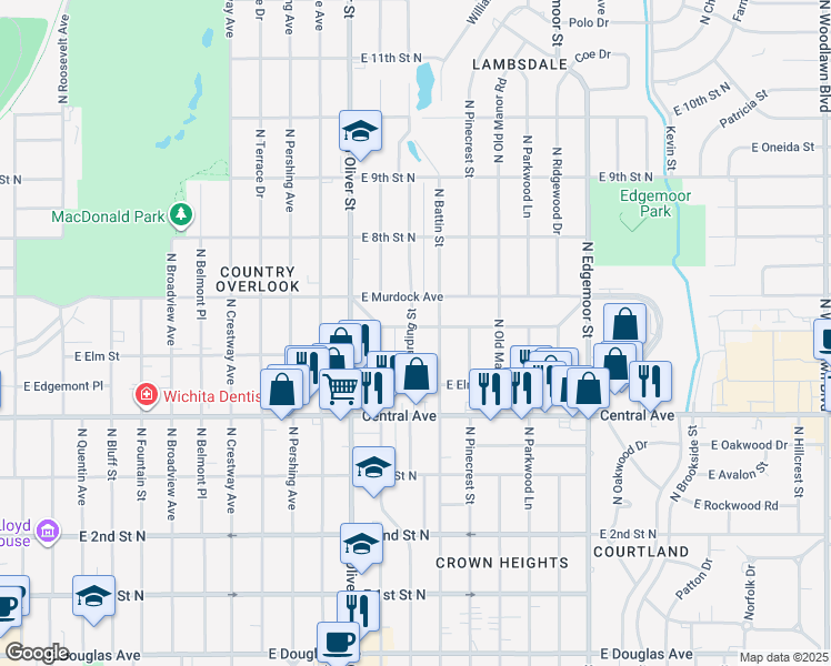 map of restaurants, bars, coffee shops, grocery stores, and more near 654 Harding Street in Wichita