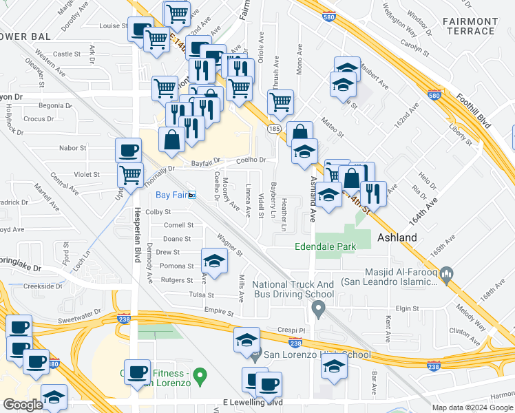 map of restaurants, bars, coffee shops, grocery stores, and more near 792 Videll Street in San Lorenzo