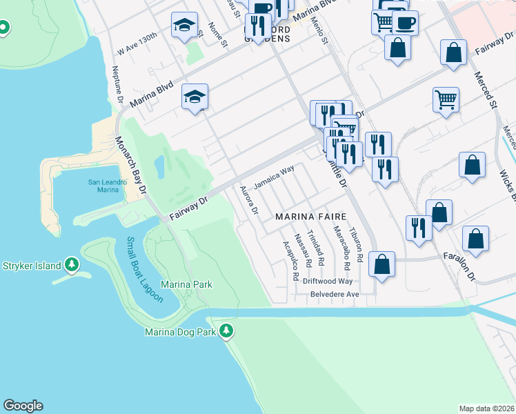 map of restaurants, bars, coffee shops, grocery stores, and more near 13912 Aurora Drive in San Leandro