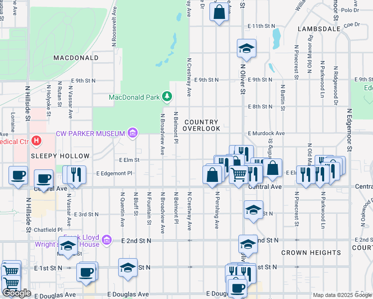 map of restaurants, bars, coffee shops, grocery stores, and more near 627 North Crestway Street in Wichita