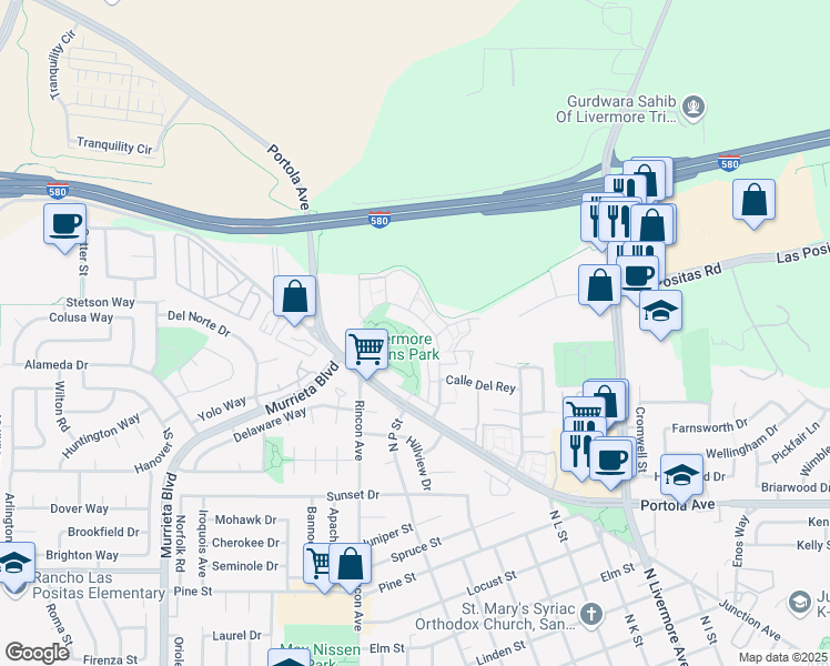 map of restaurants, bars, coffee shops, grocery stores, and more near 1763 Paseo Laguna Seco in Livermore