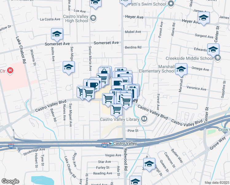 map of restaurants, bars, coffee shops, grocery stores, and more near 20629 Redwood Road in Castro Valley