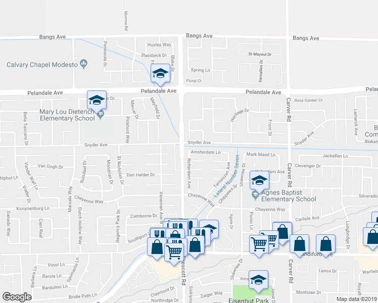 map of restaurants, bars, coffee shops, grocery stores, and more near Rotterdam Avenue & Amsterdam Lane in Modesto