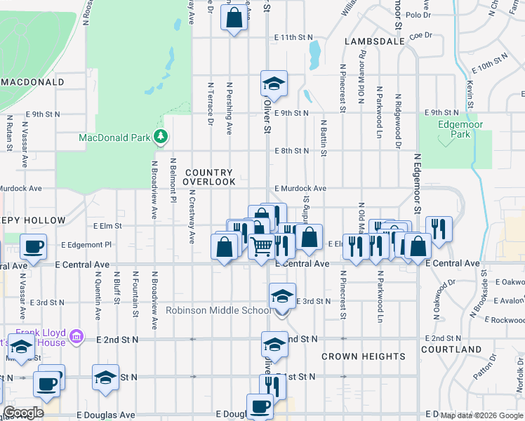 map of restaurants, bars, coffee shops, grocery stores, and more near 617 North Oliver Avenue in Wichita