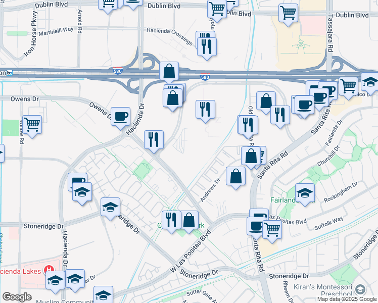 map of restaurants, bars, coffee shops, grocery stores, and more near 5649 Owens Drive in Pleasanton