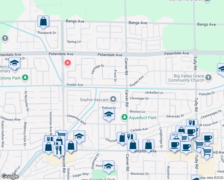 map of restaurants, bars, coffee shops, grocery stores, and more near 1745 Mark Mead Lane in Modesto