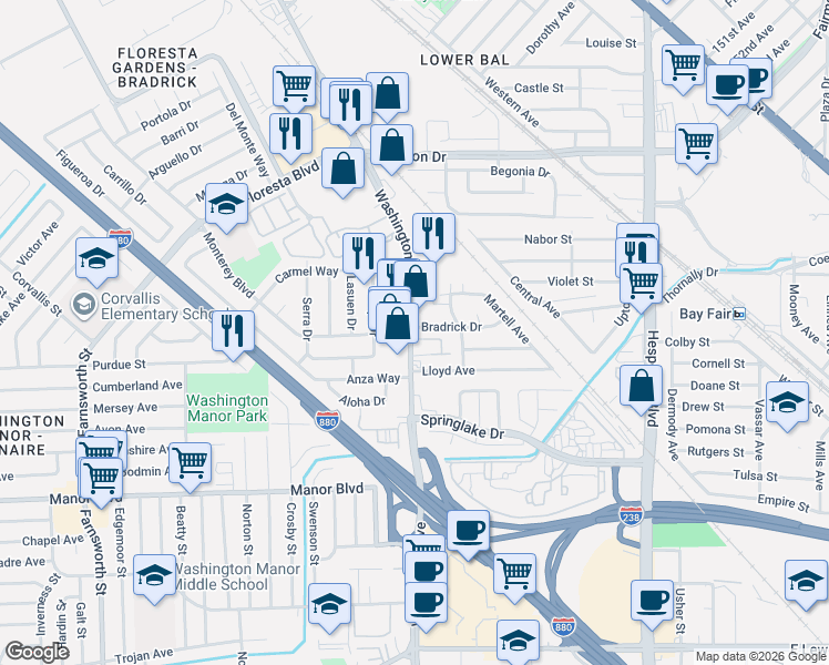 map of restaurants, bars, coffee shops, grocery stores, and more near 14798 Washington Ave in San Leandro