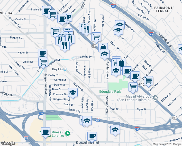 map of restaurants, bars, coffee shops, grocery stores, and more near 802 Videll Street in San Lorenzo