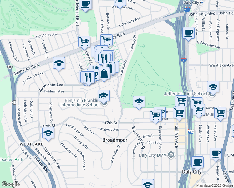 map of restaurants, bars, coffee shops, grocery stores, and more near 305 Palmcrest Drive in Daly City