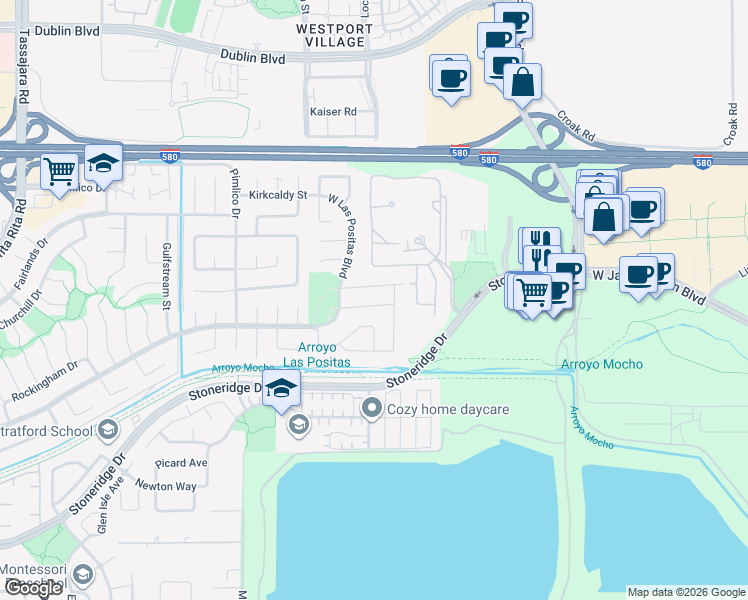 map of restaurants, bars, coffee shops, grocery stores, and more near 3435 Park Place in Pleasanton