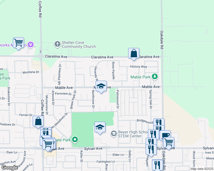 map of restaurants, bars, coffee shops, grocery stores, and more near 1721 Mable Avenue in Modesto