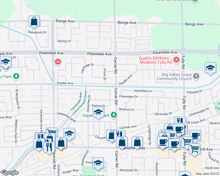 map of restaurants, bars, coffee shops, grocery stores, and more near 1717 Mark Mead Lane in Modesto