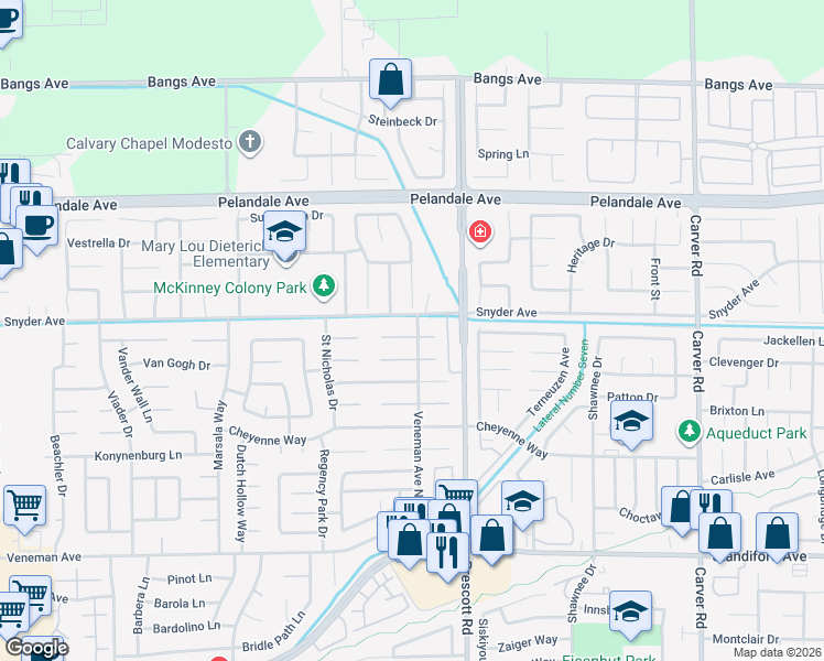 map of restaurants, bars, coffee shops, grocery stores, and more near 2201 Canadian Circle in Modesto