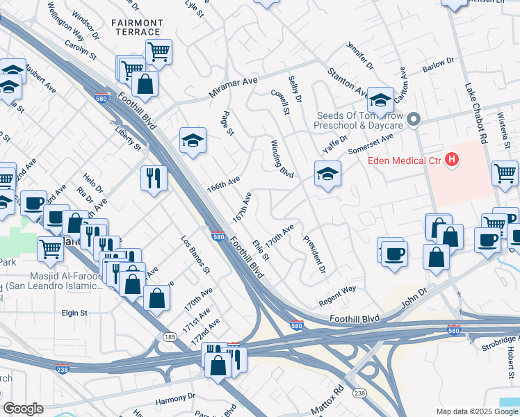 map of restaurants, bars, coffee shops, grocery stores, and more near 16840 Robey Drive in San Leandro