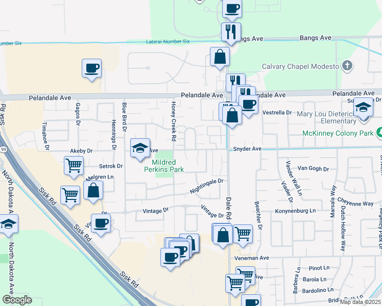 map of restaurants, bars, coffee shops, grocery stores, and more near 3104 Snyder Avenue in Modesto