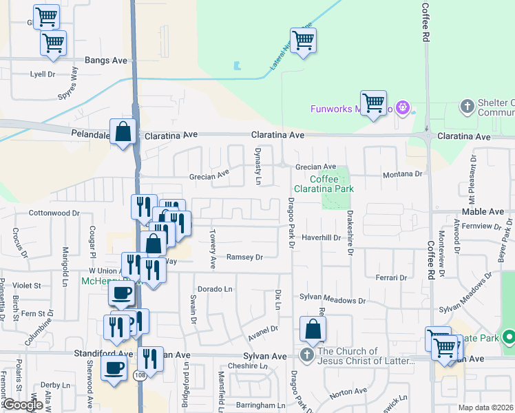 map of restaurants, bars, coffee shops, grocery stores, and more near 157 Clipper Lane in Modesto