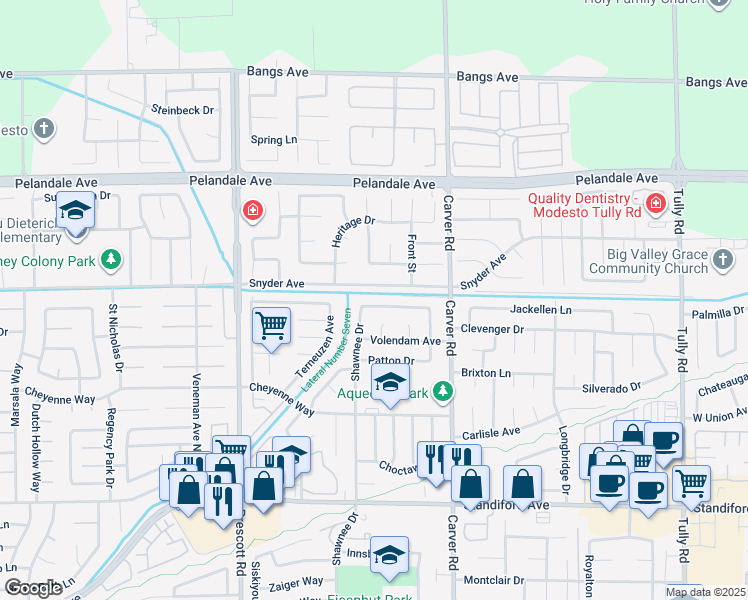 map of restaurants, bars, coffee shops, grocery stores, and more near 1825 Mark Mead Lane in Modesto