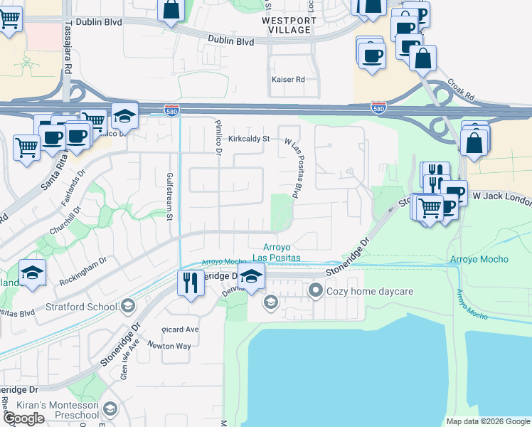 map of restaurants, bars, coffee shops, grocery stores, and more near 3059 Melbourne Court in Pleasanton