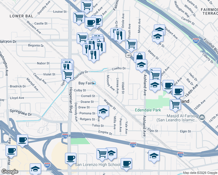 map of restaurants, bars, coffee shops, grocery stores, and more near 786 Mooney Avenue in San Lorenzo