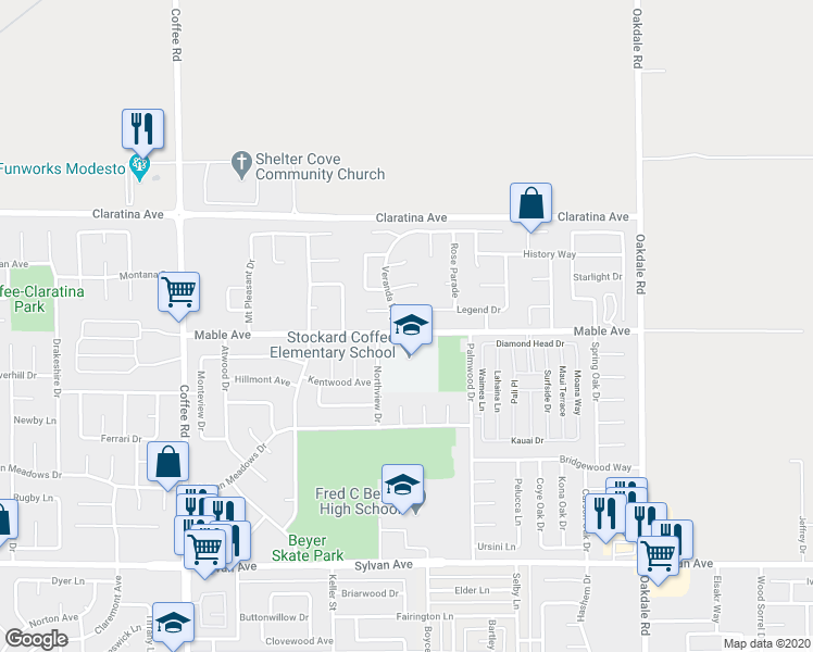 map of restaurants, bars, coffee shops, grocery stores, and more near 1705 Mable Avenue in Modesto