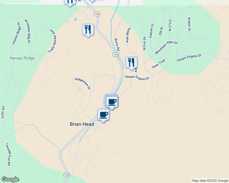 map of restaurants, bars, coffee shops, grocery stores, and more near Utah 143 in Brian Head