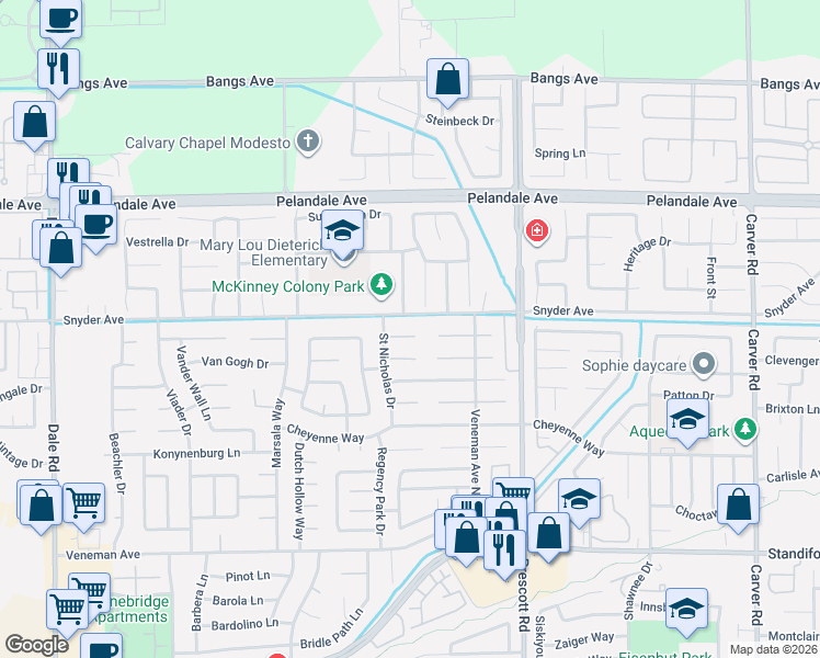 map of restaurants, bars, coffee shops, grocery stores, and more near 2244 Snyder Avenue in Modesto