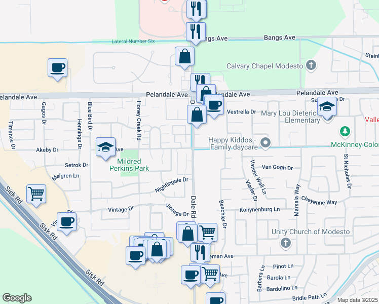 map of restaurants, bars, coffee shops, grocery stores, and more near 3905 Dale Road in Modesto