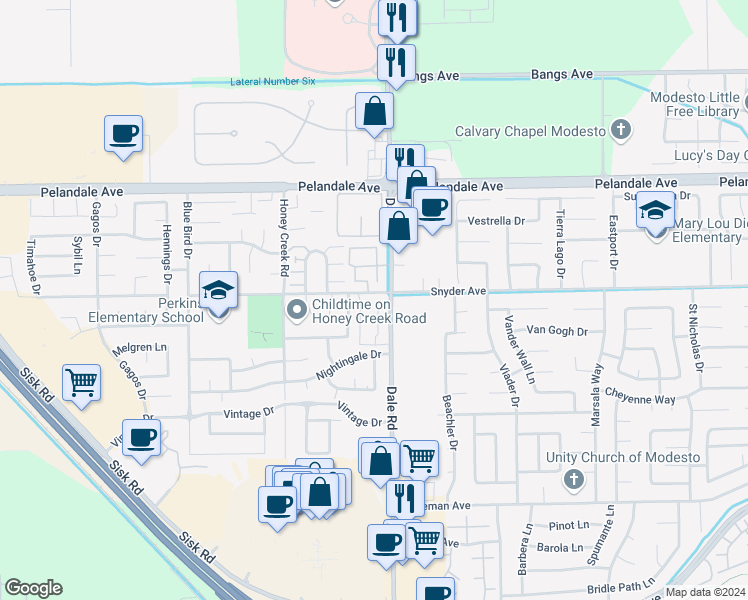 map of restaurants, bars, coffee shops, grocery stores, and more near 3905 Dale Road in Modesto