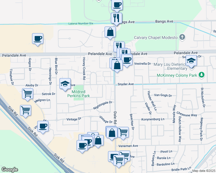 map of restaurants, bars, coffee shops, grocery stores, and more near 3020 Snyder Avenue in Modesto