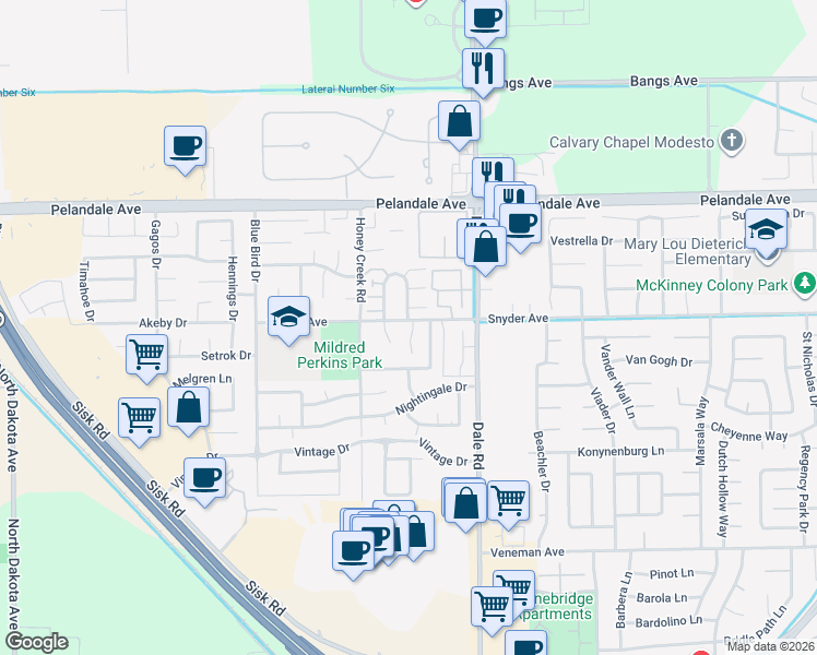 map of restaurants, bars, coffee shops, grocery stores, and more near 3104 Snyder Avenue in Modesto