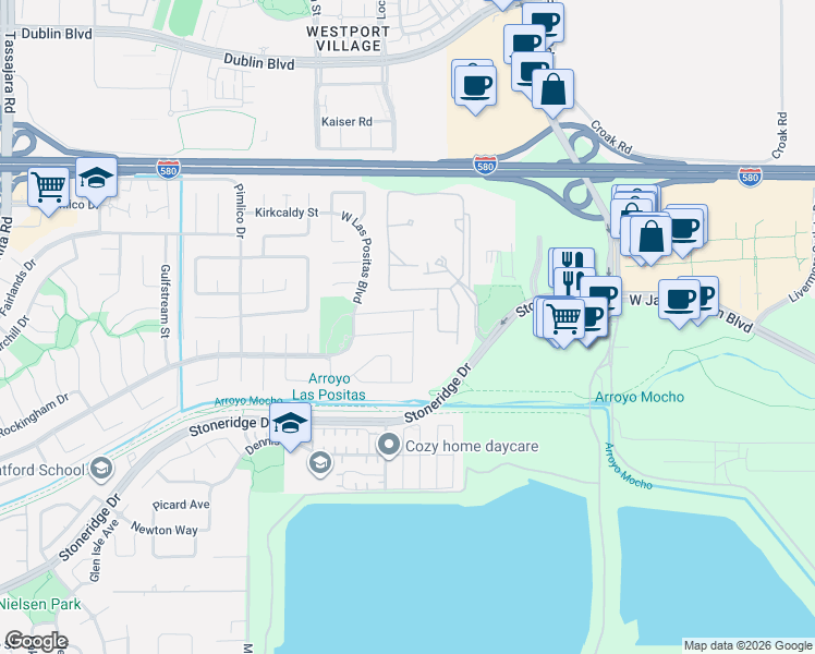 map of restaurants, bars, coffee shops, grocery stores, and more near 3435 Park Place in Pleasanton