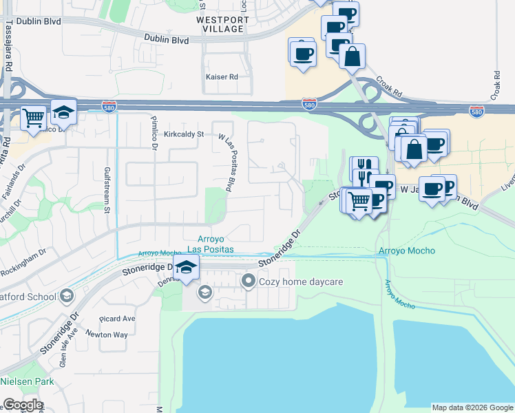 map of restaurants, bars, coffee shops, grocery stores, and more near 3435 Park Place in Pleasanton