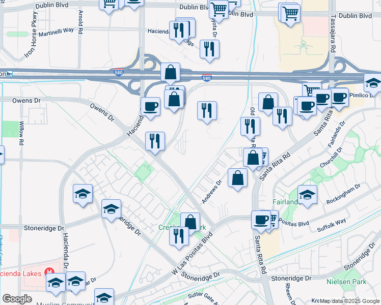 map of restaurants, bars, coffee shops, grocery stores, and more near 4450 Rosewood Drive in Pleasanton