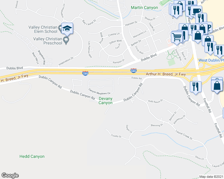 map of restaurants, bars, coffee shops, grocery stores, and more near 7595 Canyon Meadows Circle in Pleasanton