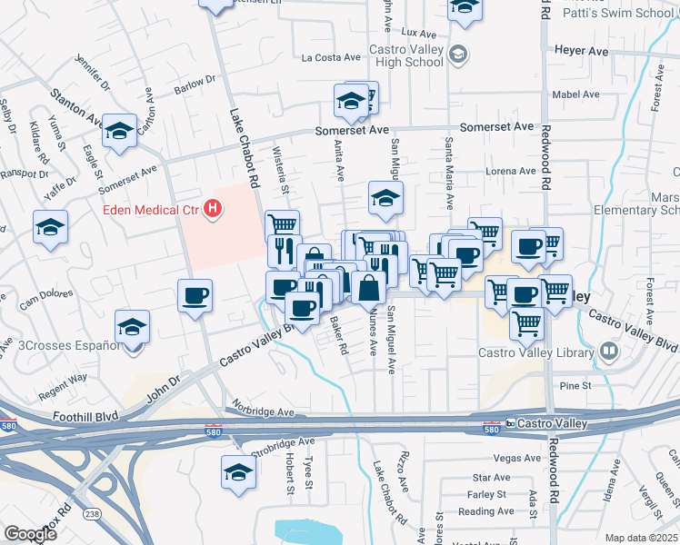 map of restaurants, bars, coffee shops, grocery stores, and more near 20443 Anita Avenue in Castro Valley