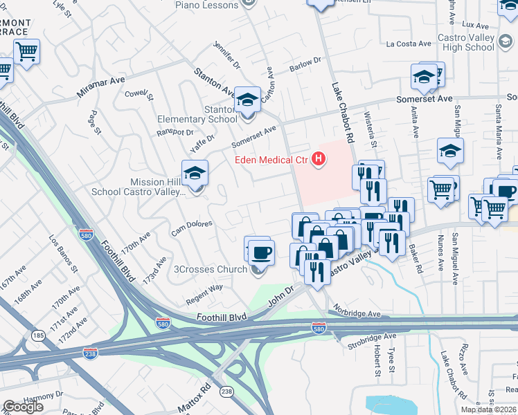 map of restaurants, bars, coffee shops, grocery stores, and more near 2410 Stanton Hill Road in Castro Valley