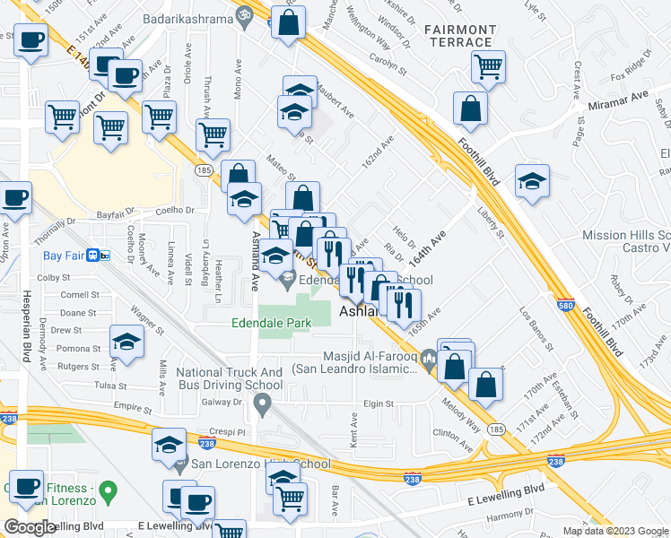 map of restaurants, bars, coffee shops, grocery stores, and more near 1421 163rd Avenue in San Leandro