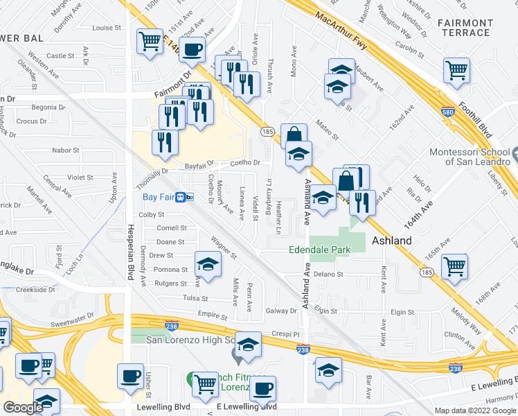 map of restaurants, bars, coffee shops, grocery stores, and more near 802 Videll Street in San Lorenzo